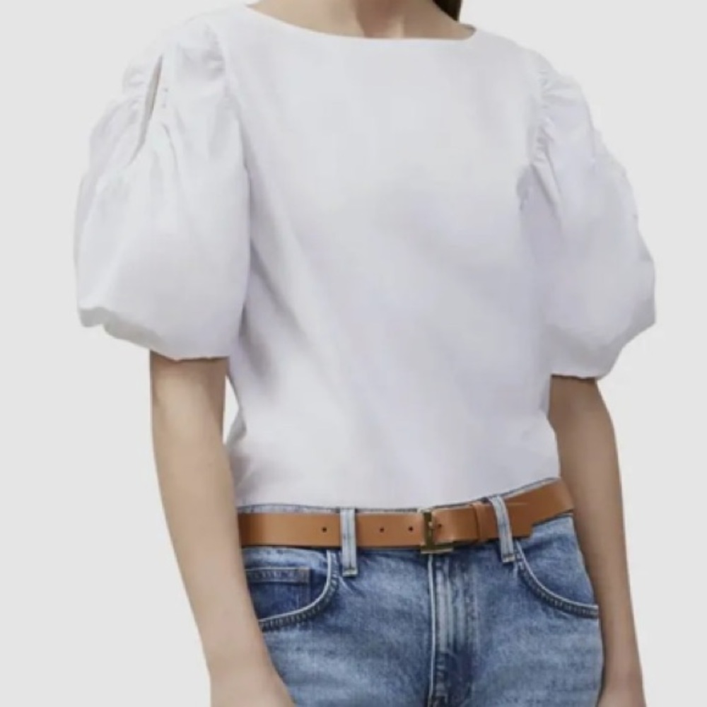 EUC Lafayette 148 Women's White Cutout Puff-Sleeve Poplin Shirt Size Medium
